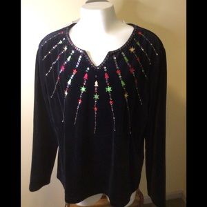 Petite Black Velveteen Sequined Holiday Top